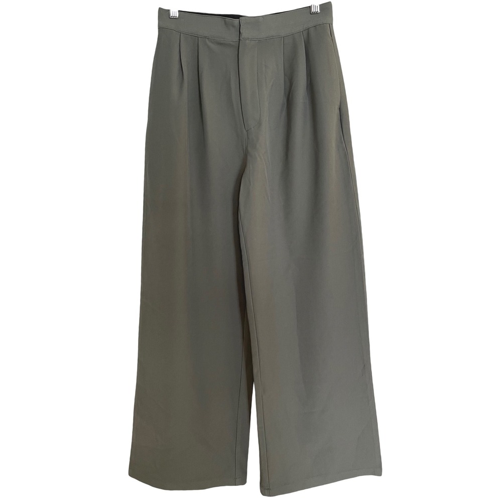 All:Row Wide Leg Pleated Pants Women's S Green Gray High Waist‎ Casual Trousers
